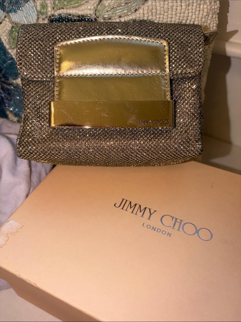 Jimmy Choo Metallic Gold Mesh Clutch